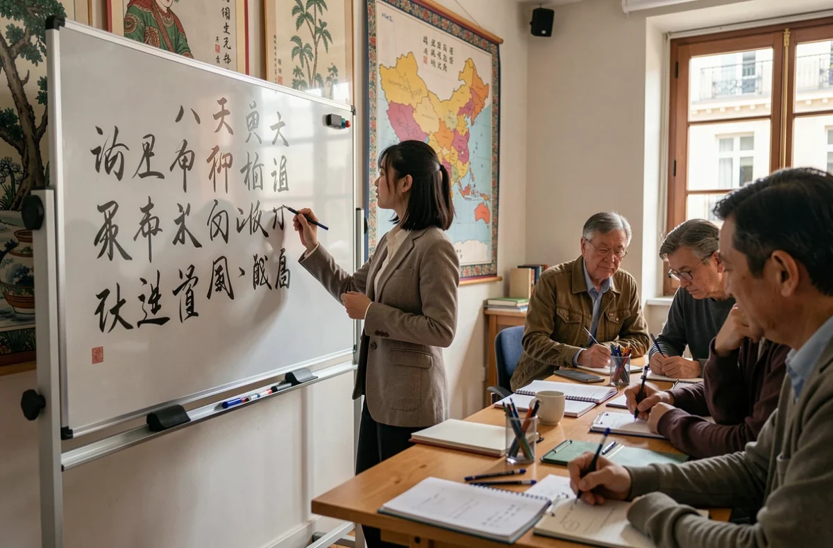 Professeure de l'Académie Mò Bordeaux écrivant des caractères mandarin au tableau devant des étudiants adultes attentifs