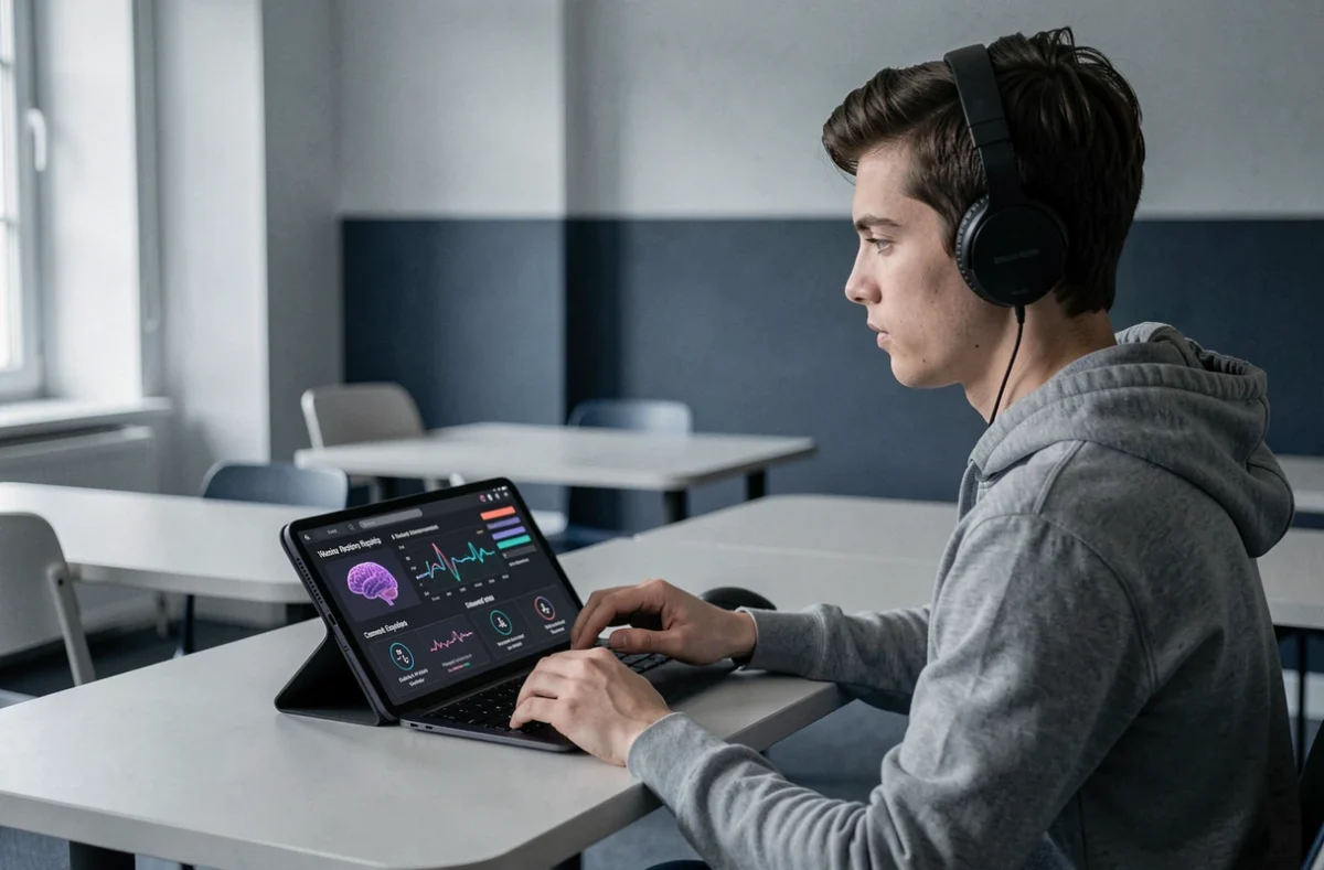 Étudiant adulte utilisant une station d'apprentissage neurocognitif Active Brain Bordeaux pour apprendre une langue