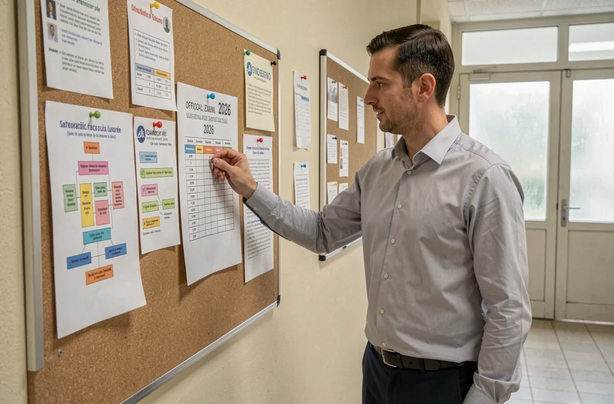 Responsable administratif affichant le calendrier officiel des concours 2026 dans un lycée français