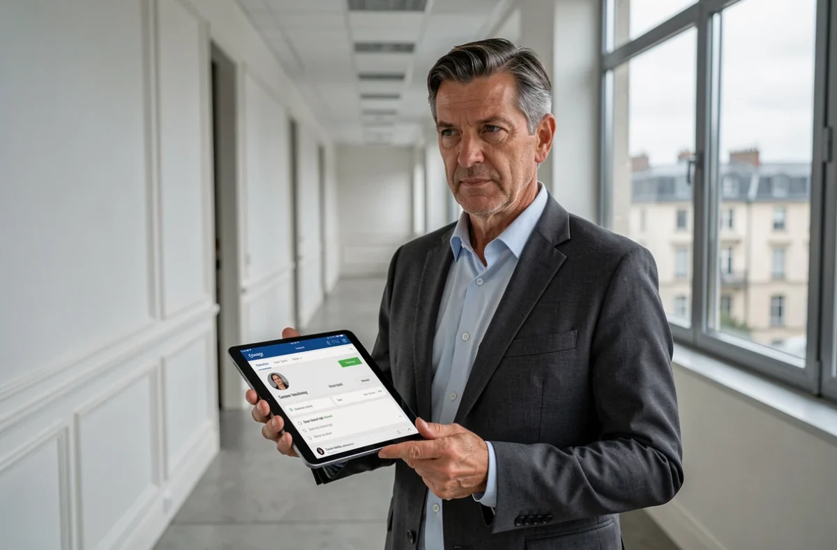 Administrateur scolaire de Dijon consultant son suivi de carrière sur une tablette numérique dans un couloir institutionnel