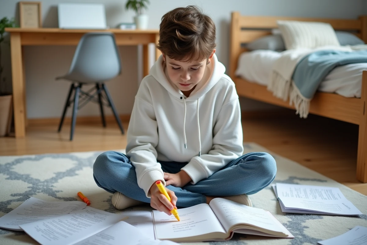 Adolescent révisant les verbes au passé simple entouré de fiches de conjugaison française sur le sol de sa chambre