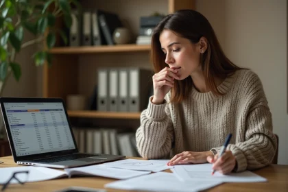 Femme en reconversion professionnelle consultant des documents financiers sur son bureau à domicile