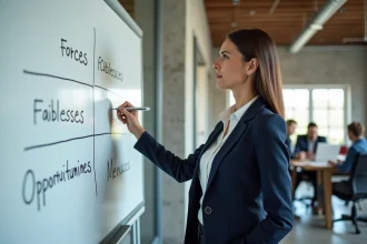 Une professionnelle explique une analyse SWOT sur un tableau blanc dans un bureau moderne