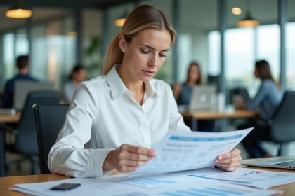Analyste financière examinant des ratios financiers sur des feuilles de calcul imprimées dans un bureau moderne