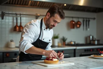 Jeune apprenti pâtissier en tenue blanche travaillant la décoration d'une tarte dans une école de pâtisserie française