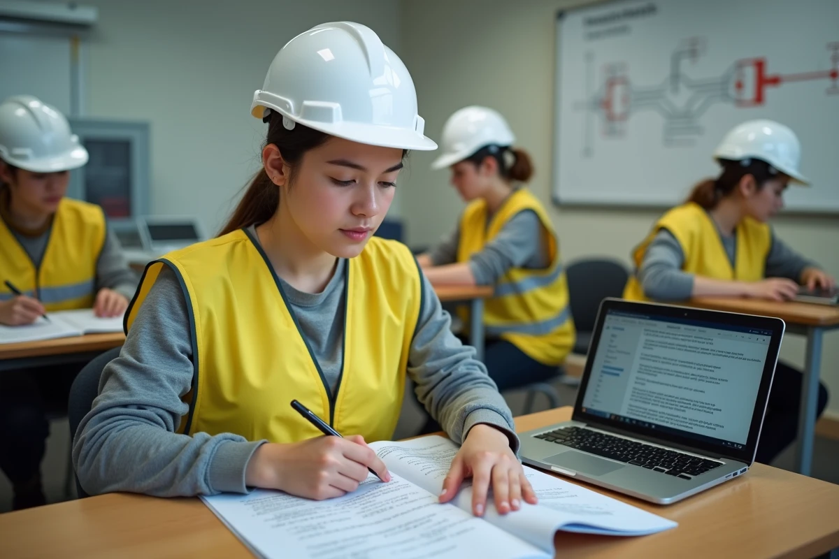 Apprentie en habilitation électrique étudiant un manuel de formation avec support numérique dans une salle de classe de CFA