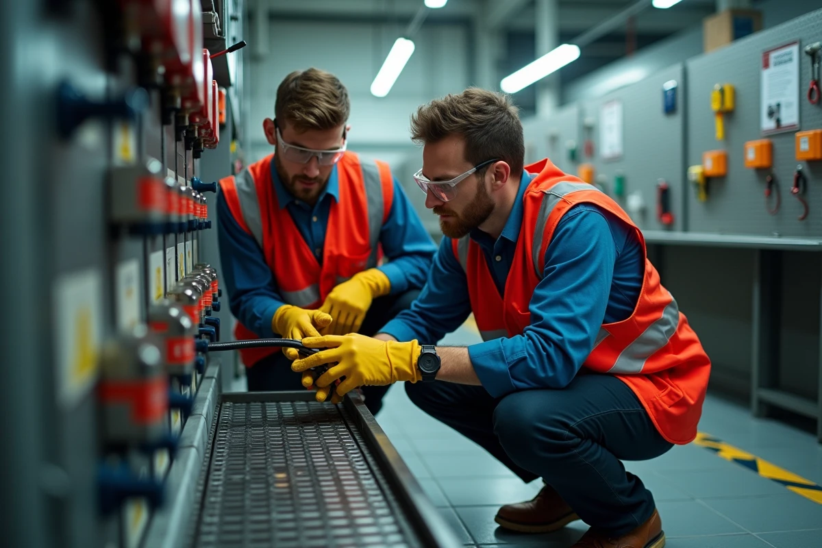 Deux apprentis en atelier CFA réalisant un exercice pratique d'habilitation électrique sur un banc pédagogique basse tension