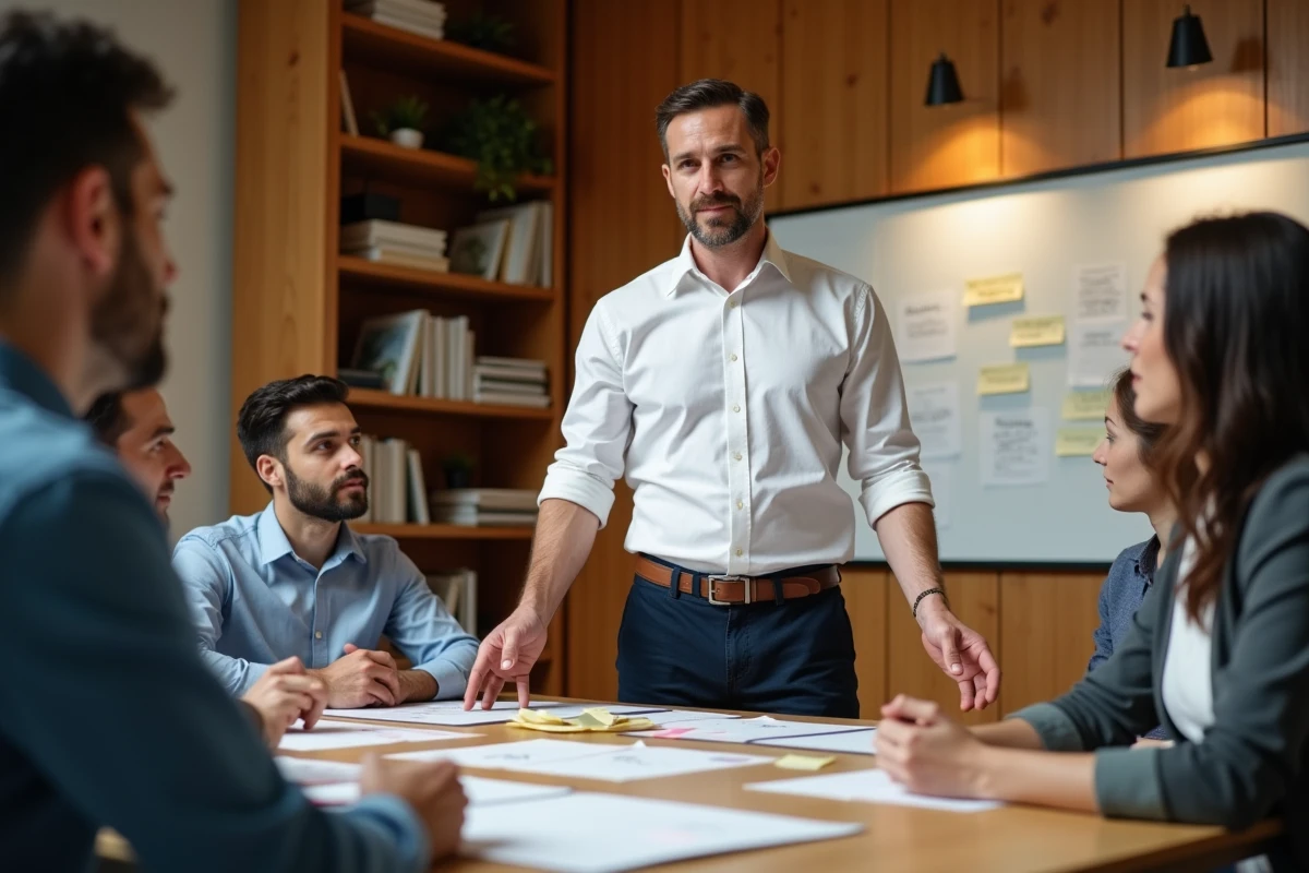 Un manager en chemise blanche laisse de l'autonomie à son équipe autour d'une table de travail, illustrant l'arbitrage entre contrôle et responsabilisation