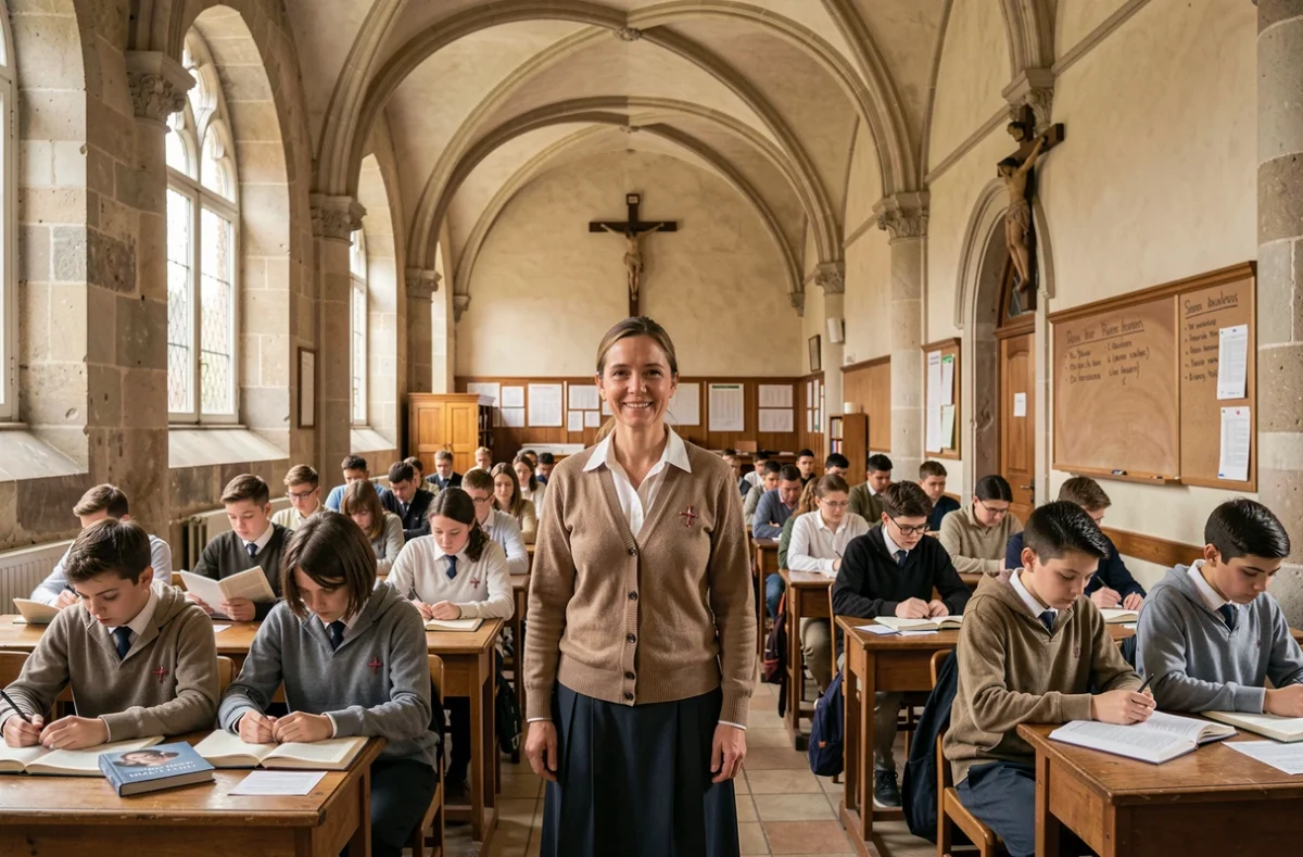 Enseignante de l'Assomption Sainte Clotilde Bordeaux dans une salle de cours patrimoniale avec des élèves concentrés