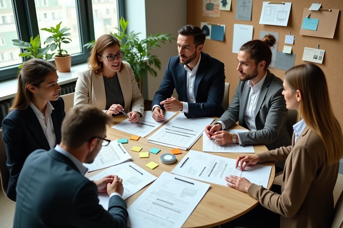 Équipe diversifiée collaborant autour d'un atelier d'innovation avec des infographies et des post-its dans un studio créatif