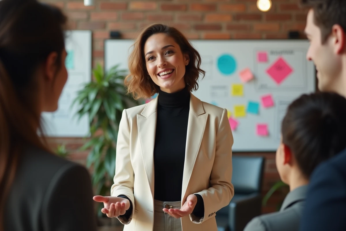 Jeune professionnelle pratiquant les éléments de la prise de parole en public lors d'un atelier en entreprise