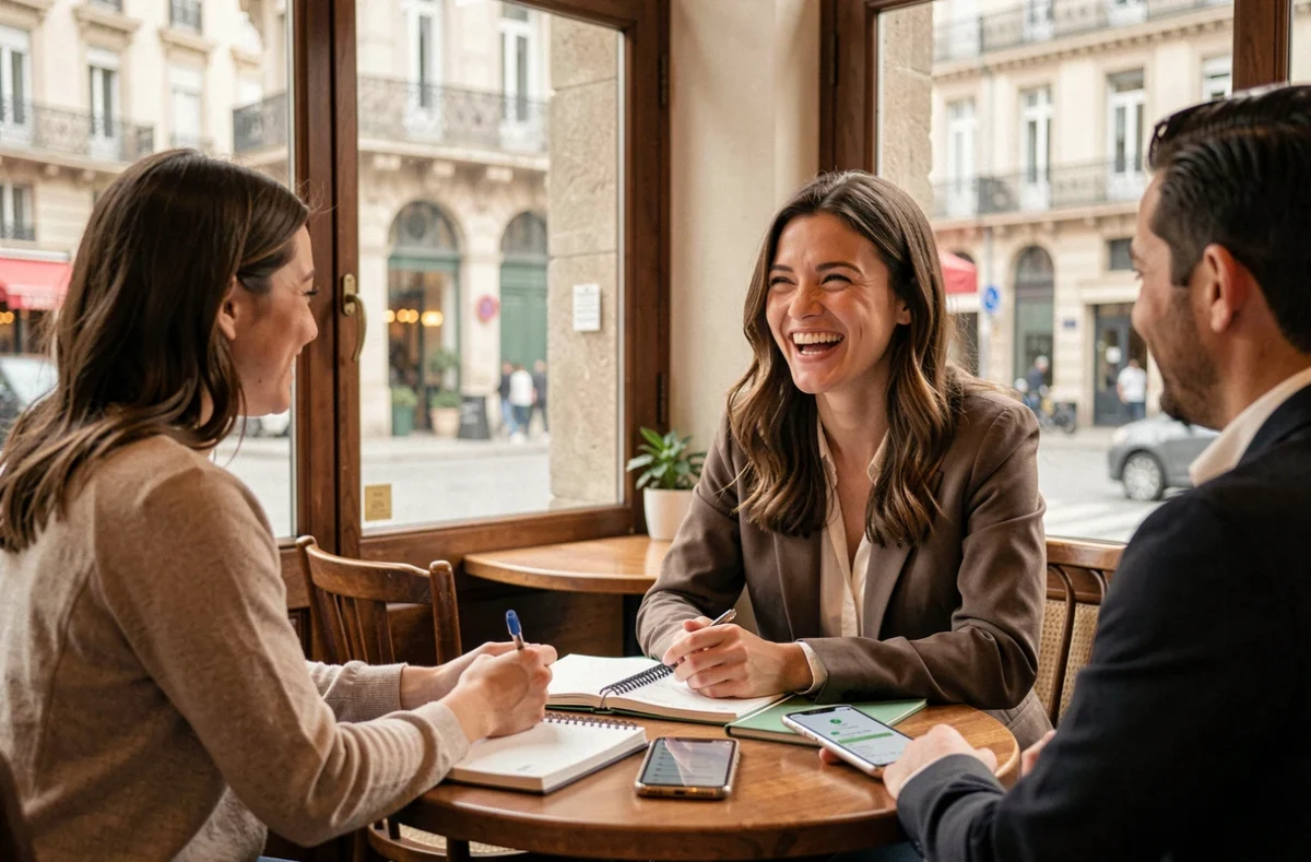 Jeune femme en cours de conversation française avec un tuteur Babylangues Bordeaux dans un café historique