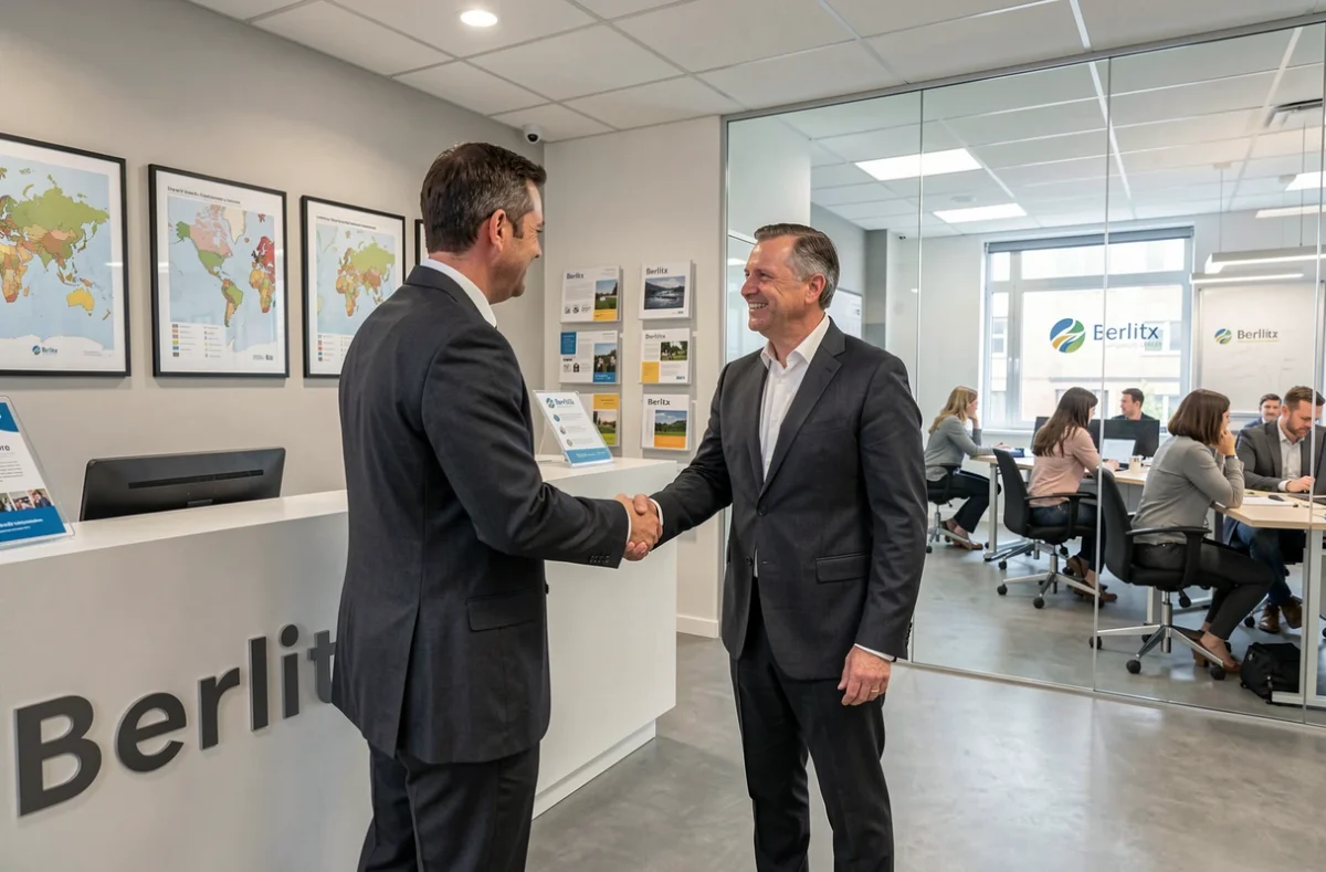 Instructeur Berlitz accueillant un nouvel étudiant adulte dans le centre de langues international de Nantes