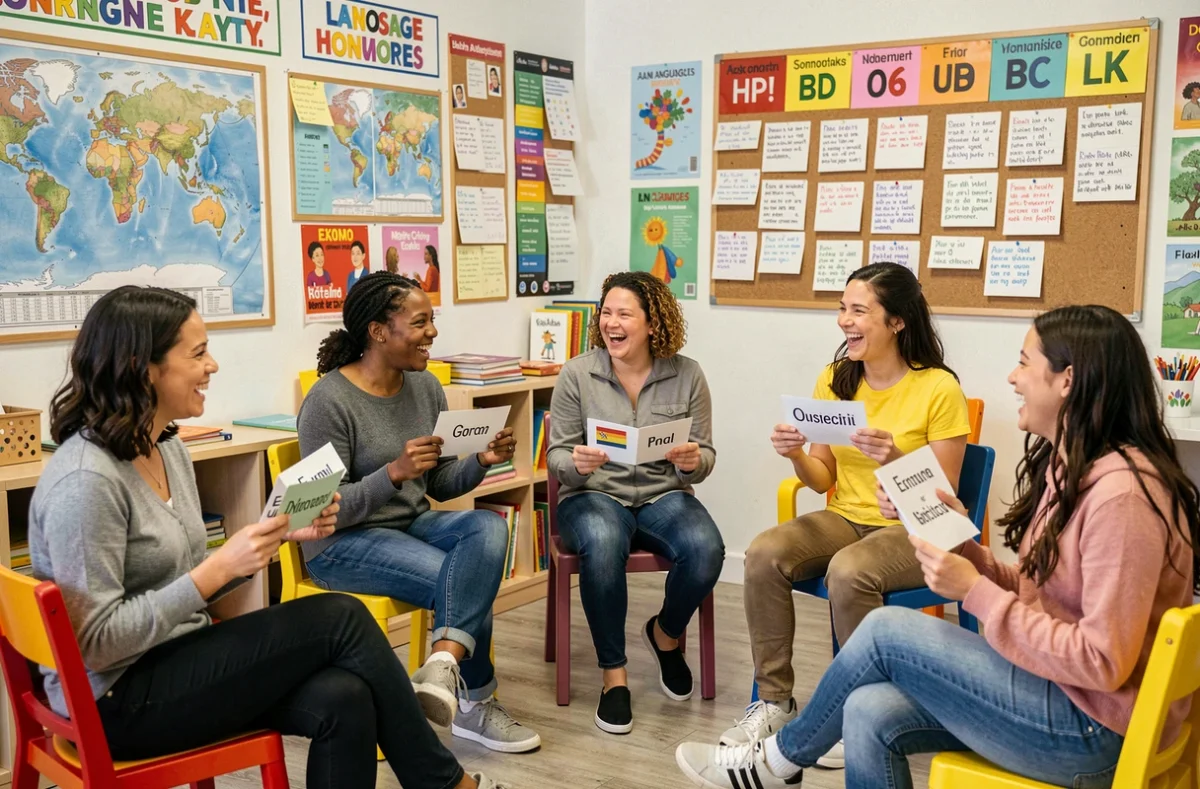 Groupe multiculturel d'apprenants adultes participant à un cours multilingue convivial dans les locaux de Boîte A Langues