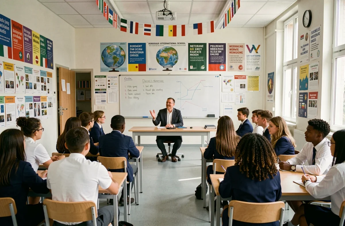 Étudiants internationaux en uniforme suivant un cours multiculturel au Bordeaux International School avec leur enseignant