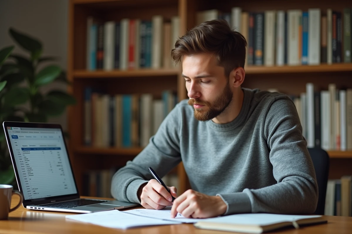 Jeune entrepreneur calculant des ratios financiers dans un carnet à son bureau à domicile