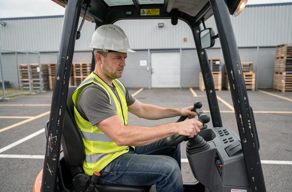 Candidat passant l'examen pratique CACES 1 3 à bord d'un chariot de manutention dans une cour industrielle