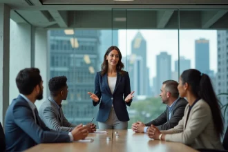 Une femme leader en blazer marine s'adresse à son équipe dans une salle de réunion moderne, illustrant les qualités d'un bon leader