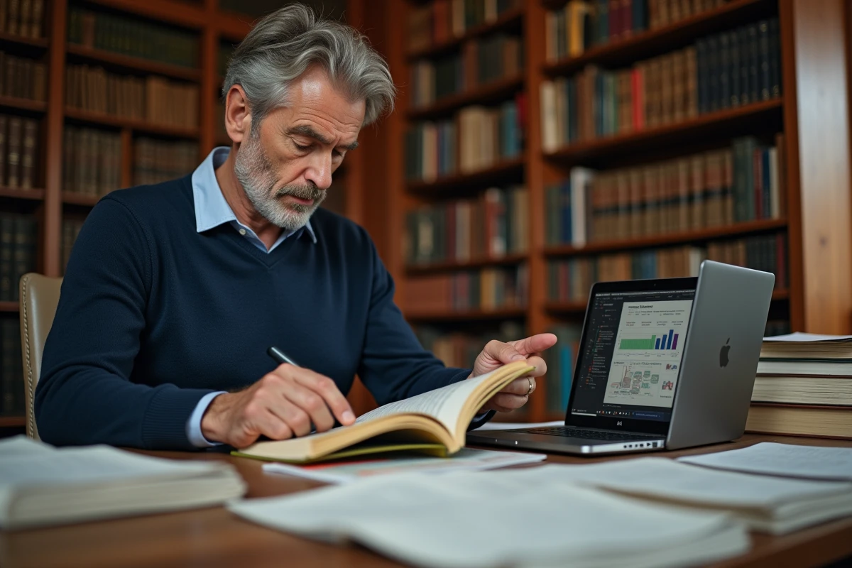 Chercheur universitaire lisant des revues scientifiques dans une bibliothèque académique pour approfondir ses connaissances