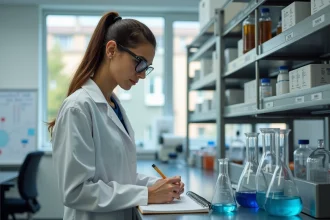 Chercheuse en laboratoire universitaire examinant un échantillon scientifique, illustrant l'objectif principal de la recherche