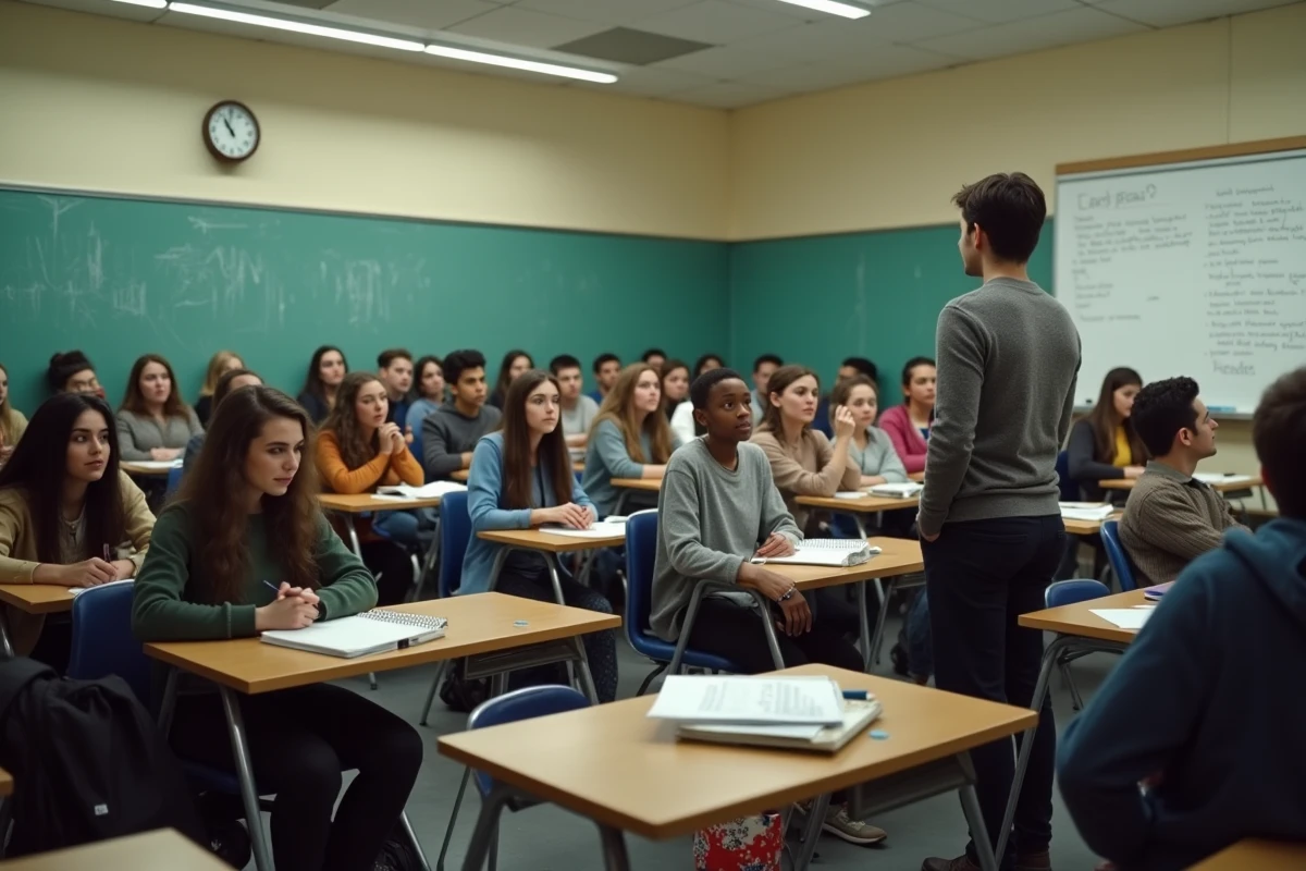 Salle de classe surchargée dans un grand lycée français avec de nombreux élèves assis en rangs
