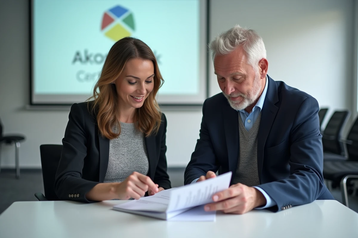 Deux collègues en salle de formation consultant ensemble le calendrier des sessions et délais d'inscription à la certification professionnelle BTP 2026