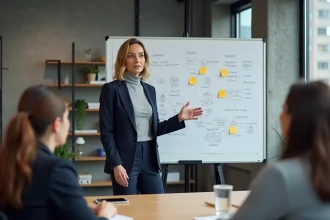 Femme manager expliquant une stratégie d'innovation à son équipe devant un tableau blanc dans un bureau moderne