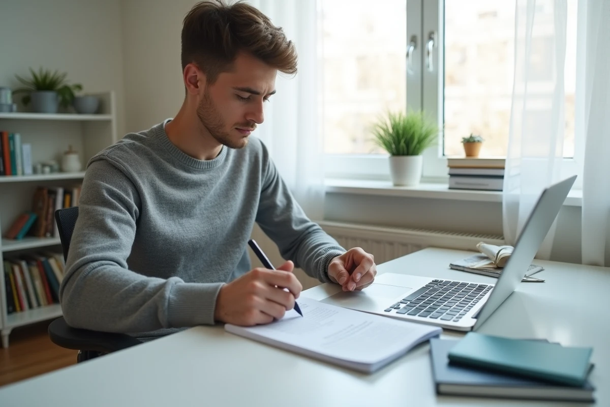 Jeune homme comparant un programme de Bachelor et une licence universitaire sur son bureau à domicile