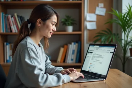 Femme configurant les notifications Moodle sur un ordinateur portable dans un bureau à domicile organisé
