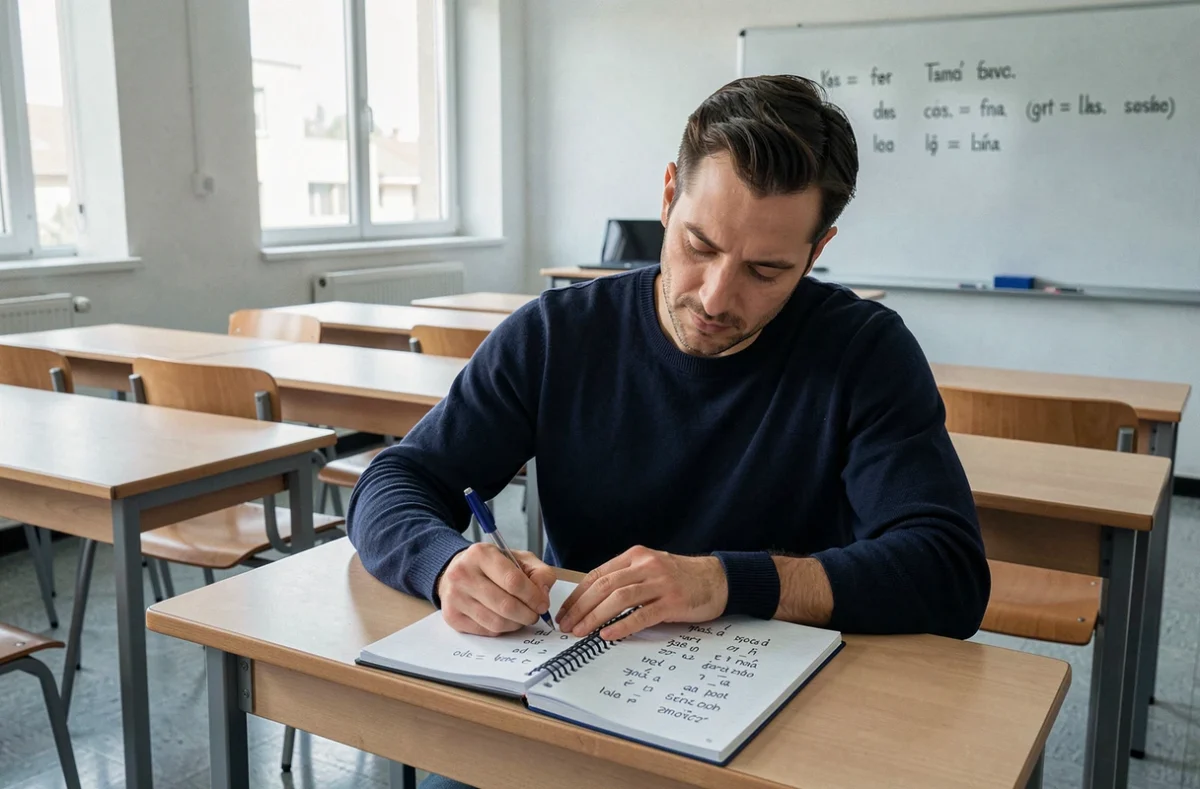 Étudiant adulte conjuguant le verbe tener au passé simple espagnol dans un cahier en salle de classe
