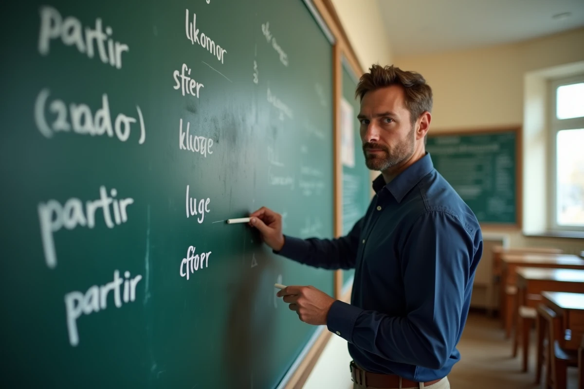 Professeur de français écrivant la conjugaison du verbe partir au présent au tableau de classe