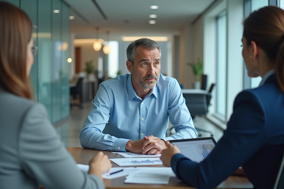Homme en entretien avec un conseiller financier pour planifier une reconversion professionnelle