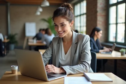 Femme suivant un cours digital en ligne dans un espace de co-working parisien avant de lancer son business