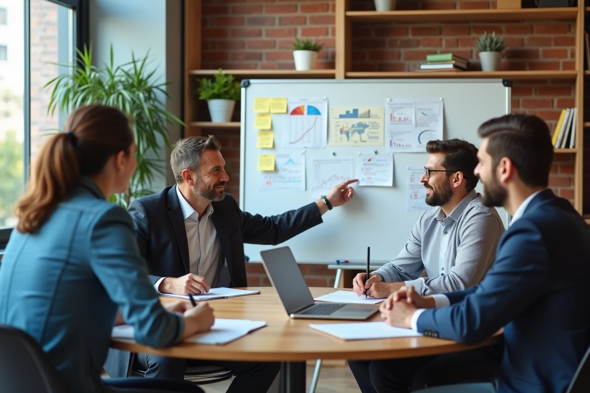 Un groupe de professionnels débriefe les résultats d'une session de formation autour d'une table collaborative