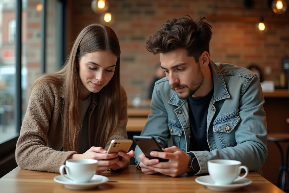 Deux étudiants comparant l'application Student Beans sur iPhone et Android dans un café