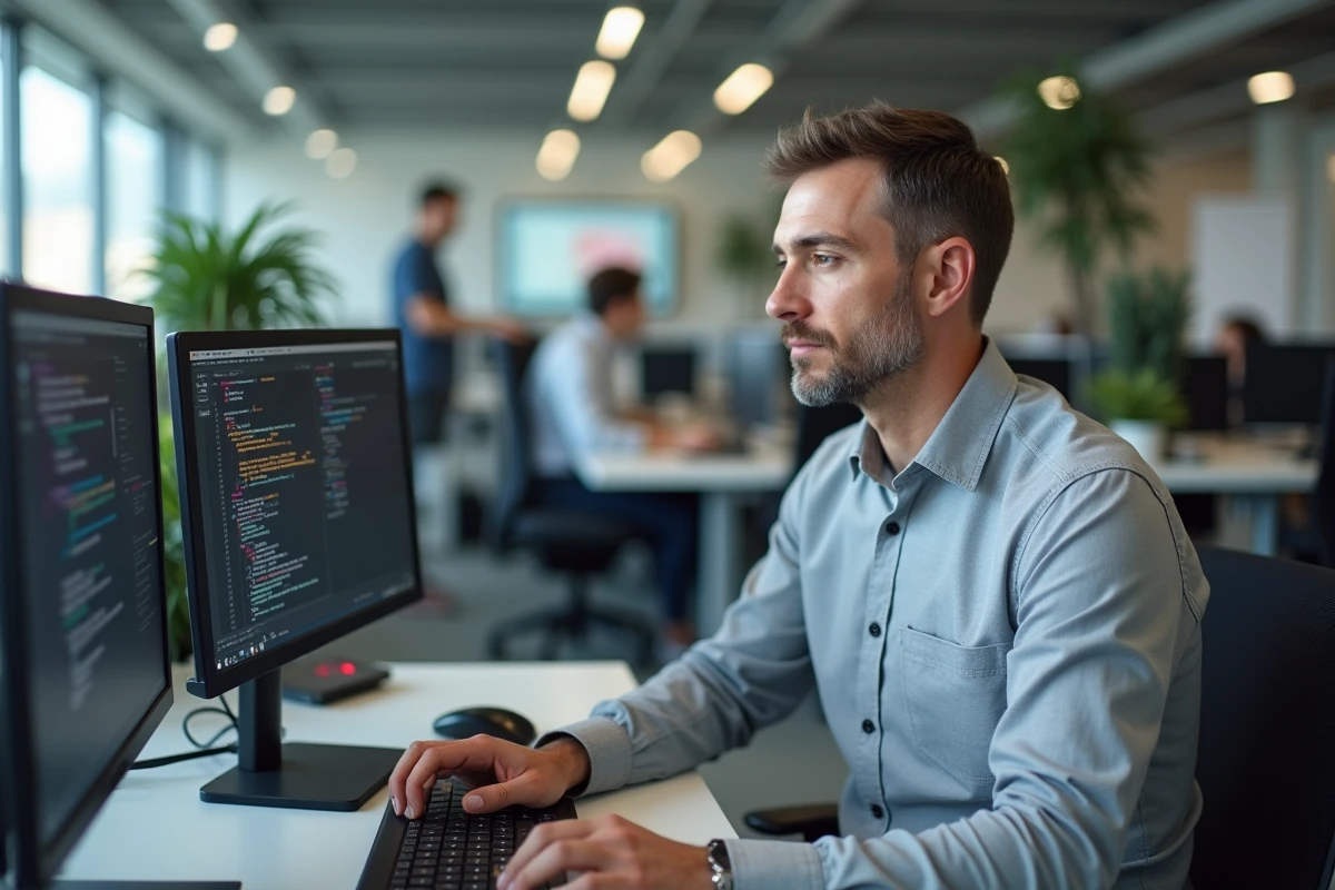 Développeur analysant des tableaux de bord de tests logiciels sur écrans en bureau open-space