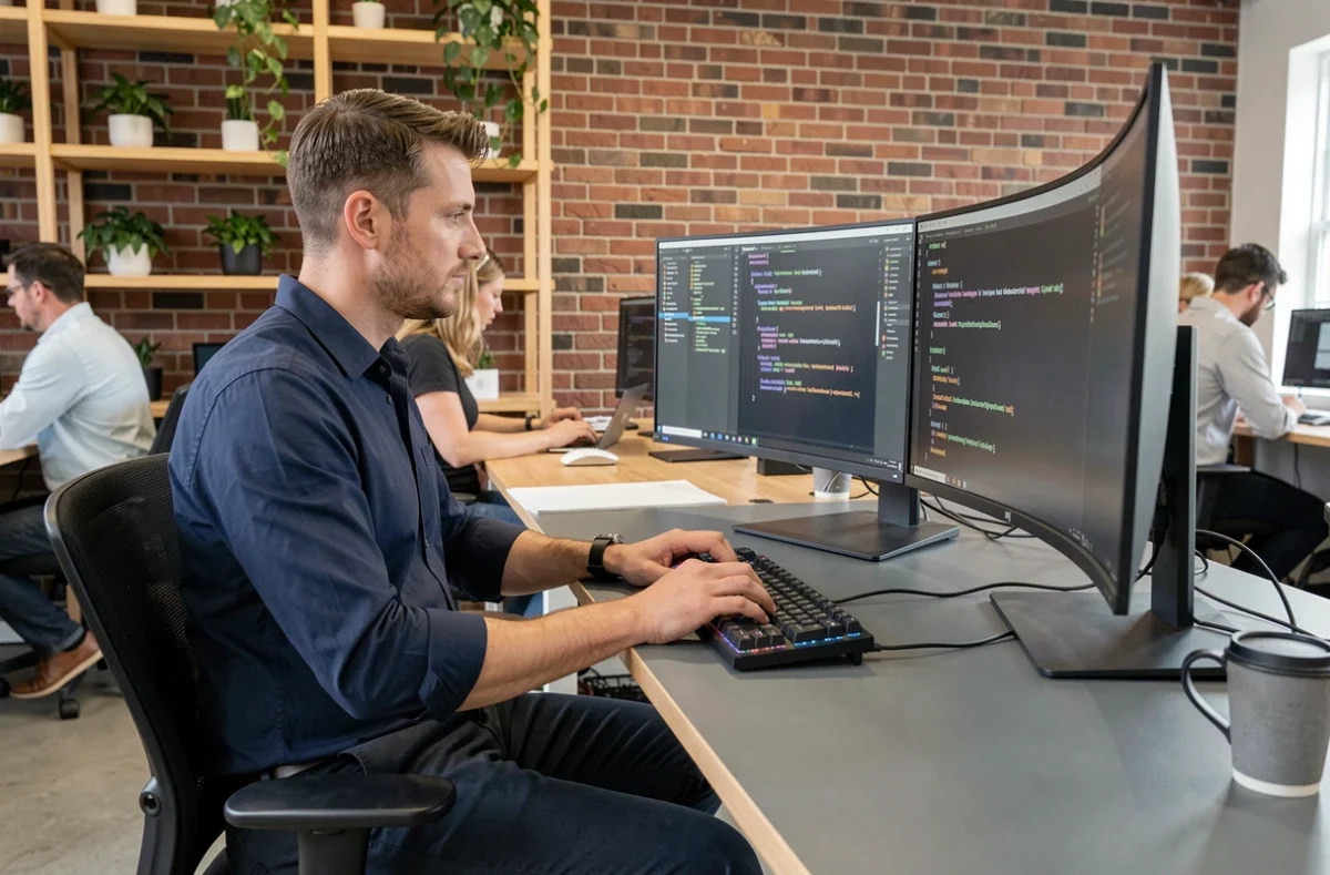 Développeur web masculin codant dans un espace de coworking moderne, illustration des métiers du numérique à fort potentiel en 2026