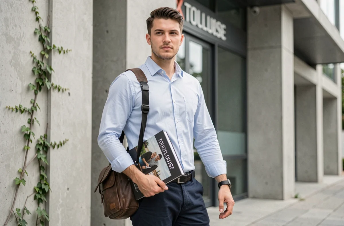 Jeune photographe diplômé tenant un book photo devant une agence éditoriale à Toulouse après sa formation