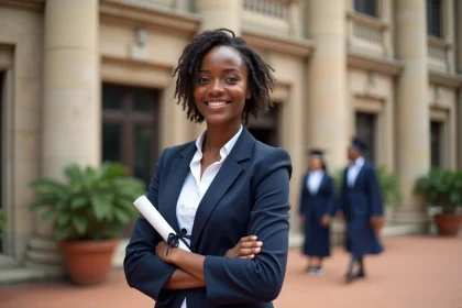 Jeune diplômée africaine tenant son diplôme reconnu par le CAMES devant une université