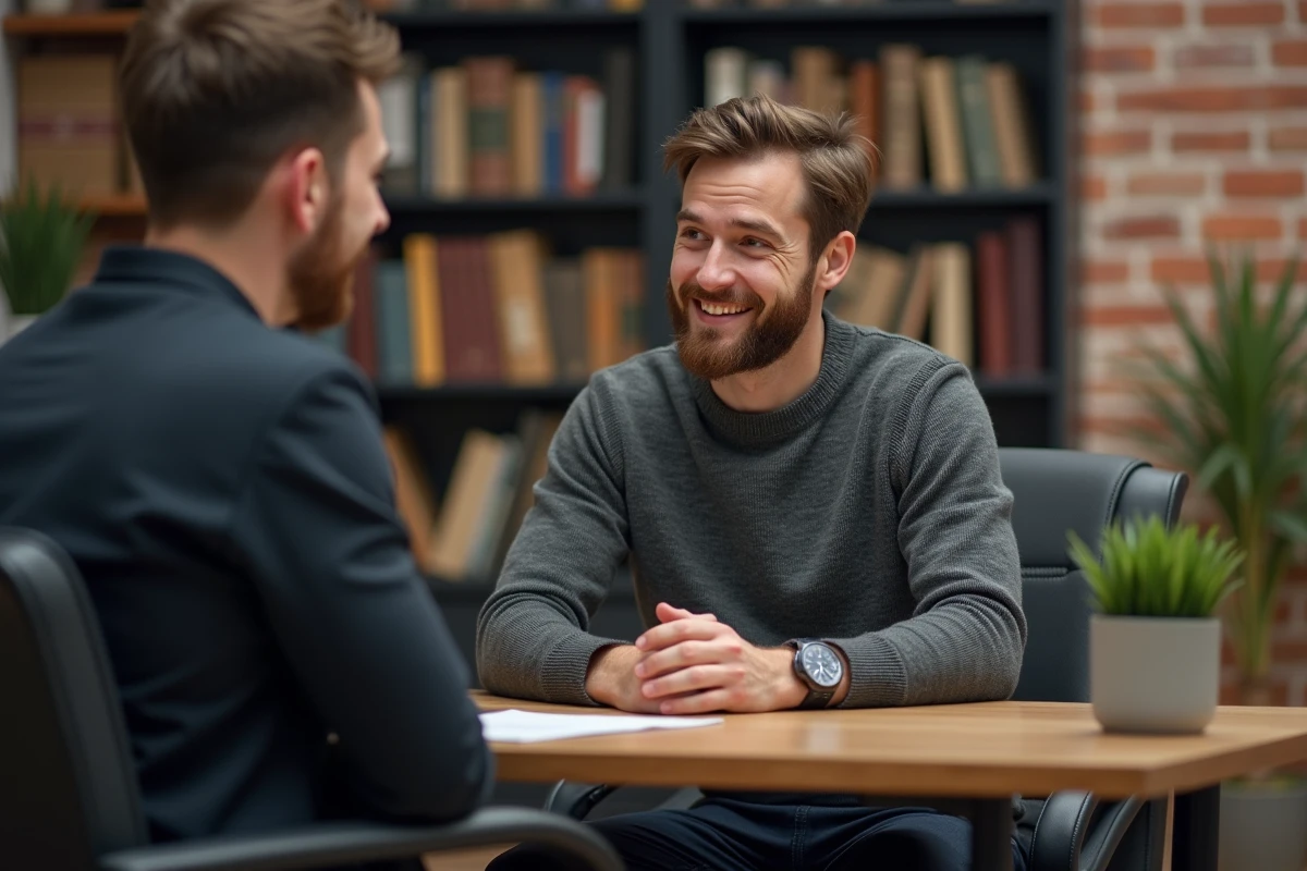Un dirigeant en entretien de mentorat individuel avec un collaborateur dans un bureau contemporain