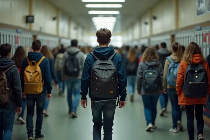 Élève de lycée marchant dans un immense couloir bondé d'un grand lycée français