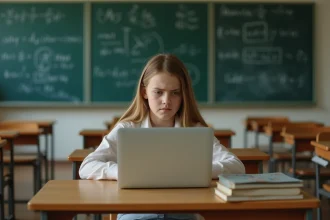 Adolescente confuse devant un ordinateur portable en classe, illustrant les limites de la technologie dans l'apprentissage scolaire