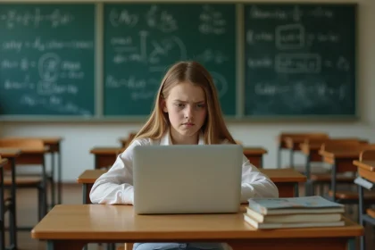 Adolescente confuse devant un ordinateur portable en classe, illustrant les limites de la technologie dans l'apprentissage scolaire