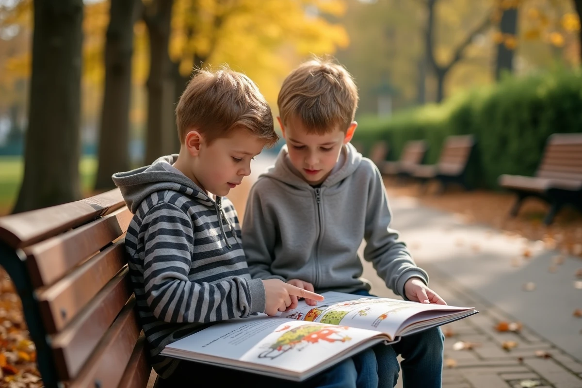 Deux enfants collaborant sur un livre illustré dans un parc, représentant l'apprentissage social et les outils cognitifs selon Vygotsky