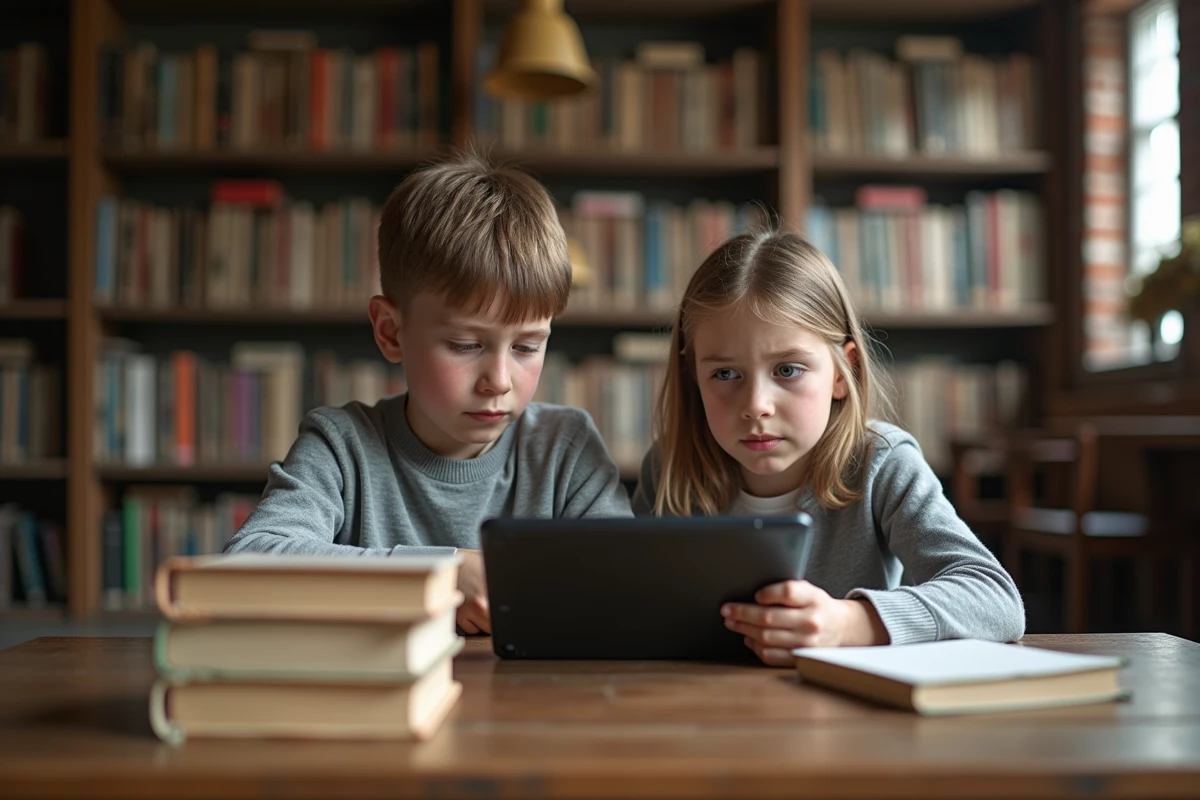 Deux enfants hésitants devant une tablette éducative entourés de livres dans une bibliothèque, symbolisant les limites de la technologie dans l'apprentissage