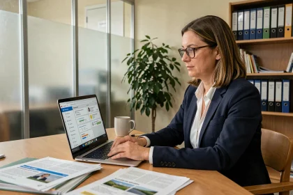Enseignante consultant son espace professionnel i-Prof Dijon sur un ordinateur portable dans un bureau scolaire