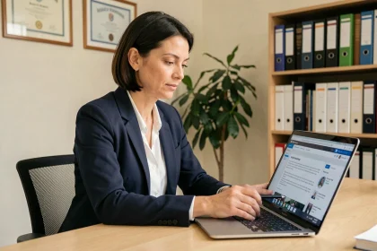 Enseignante consultant le portail iProf sur un ordinateur portable dans un bureau administratif scolaire