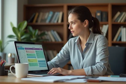Enseignante utilisant la plateforme Moodle sur un ordinateur portable dans un bureau universitaire moderne