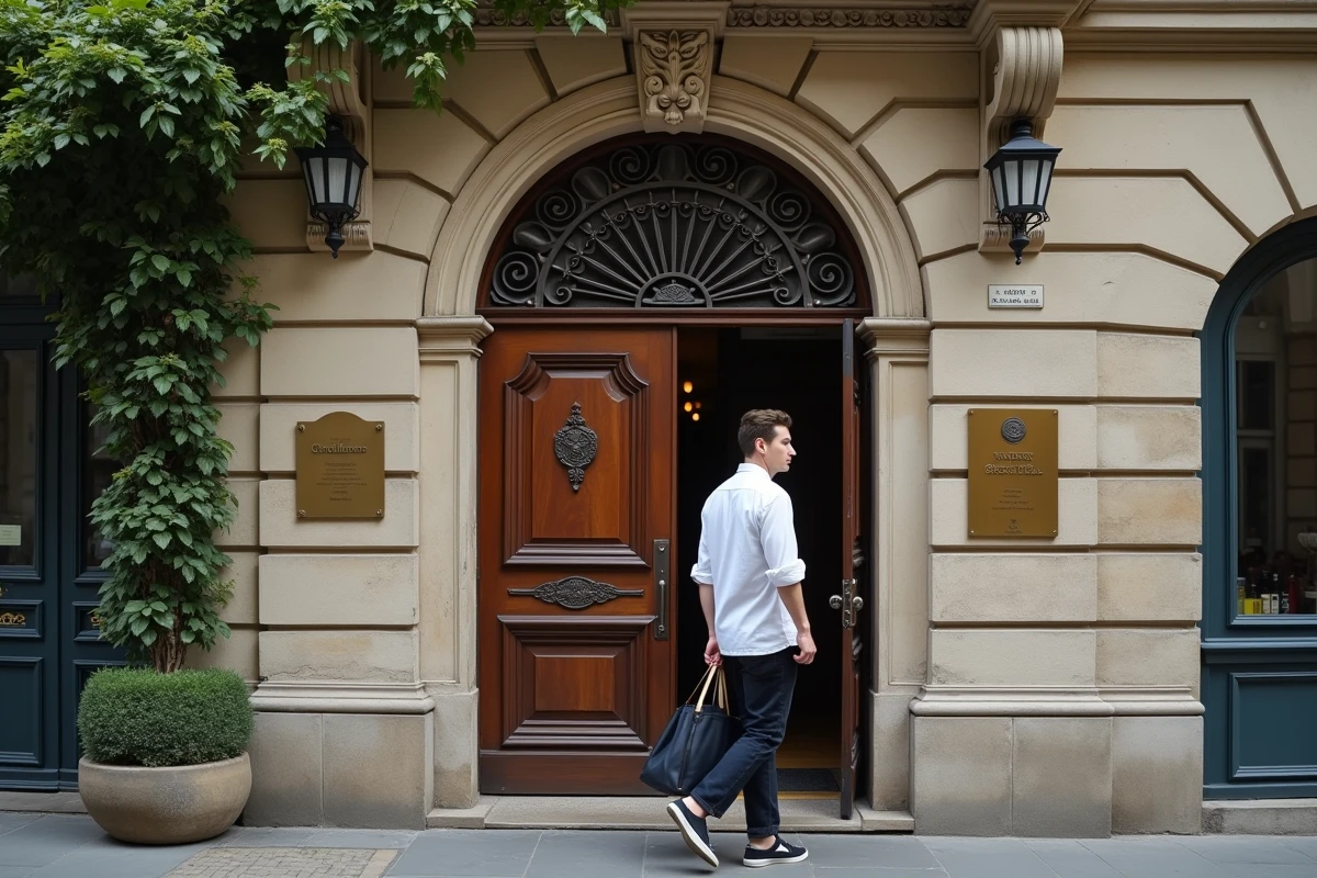 Étudiant en pâtisserie entrant dans une école culinaire française au style architectural parisien classique