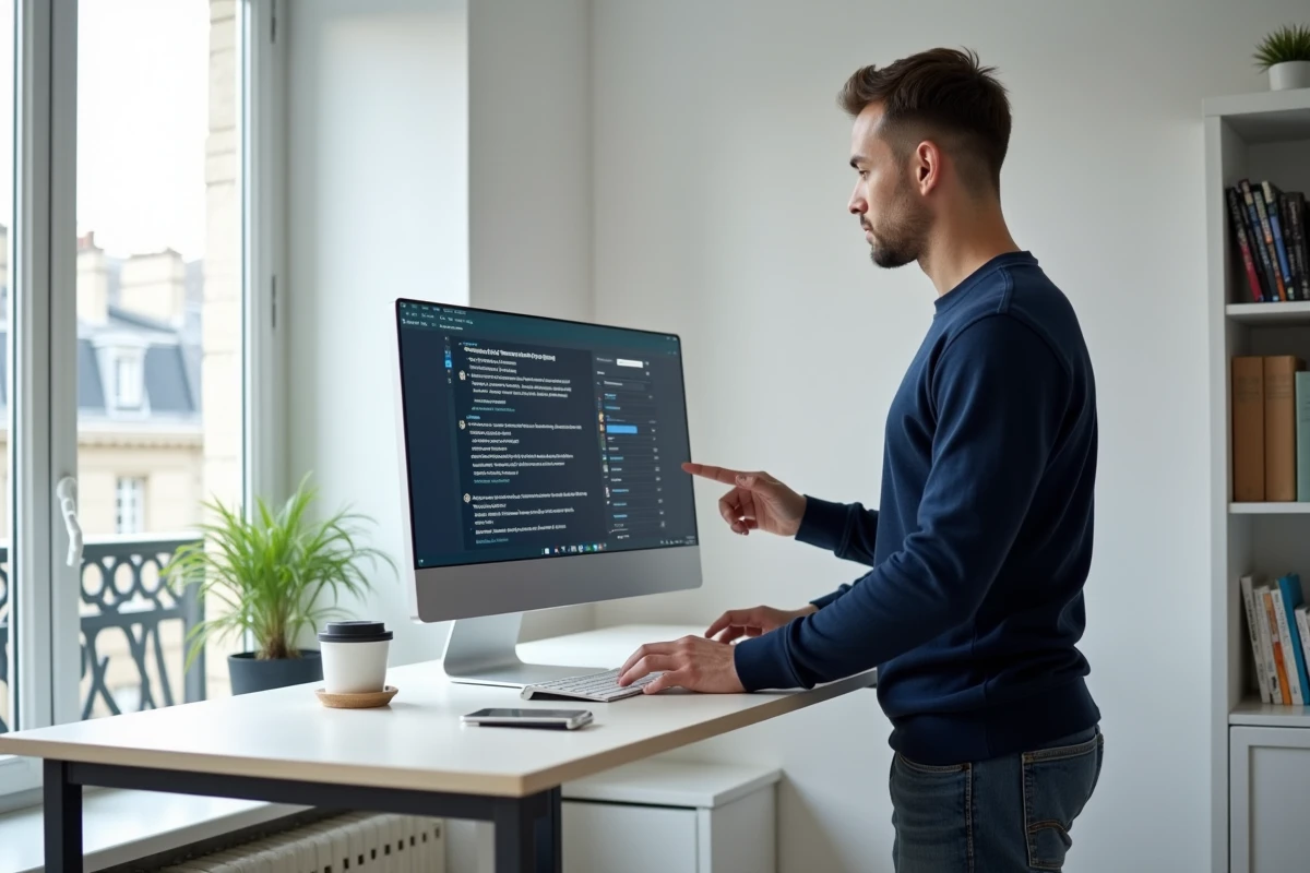 Jeune entrepreneur parisien consultant un cours de marketing digital depuis son bureau à domicile